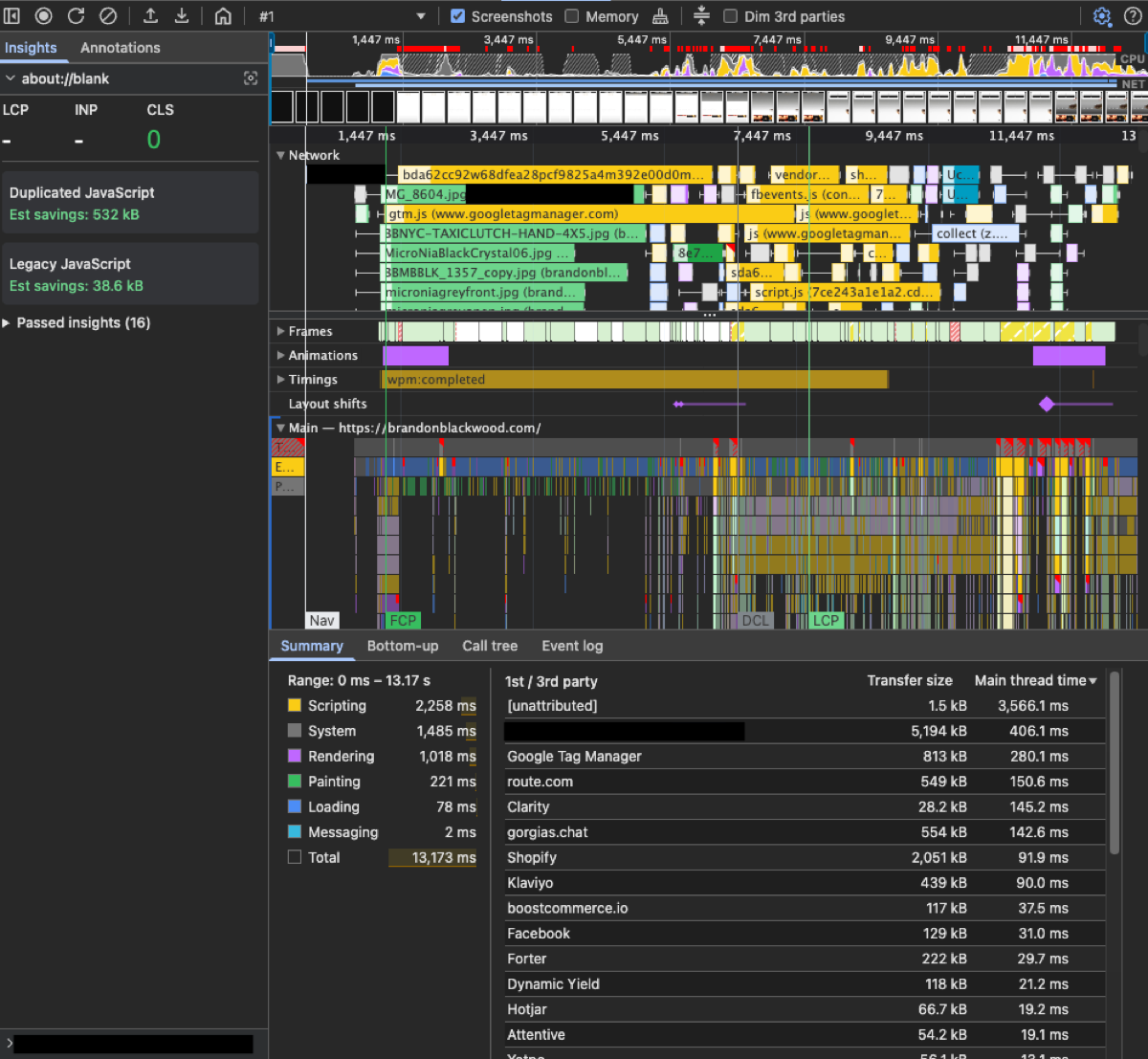 Chrome DevTools performance timeline showing main thread blocking