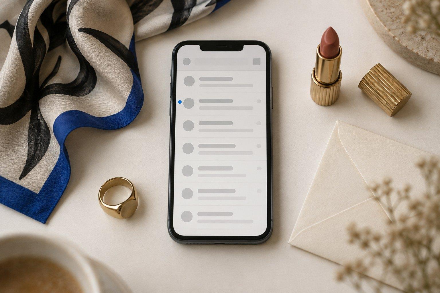 A phone showing an email inbox with one unread message, among a scarf, lipstick and a ring