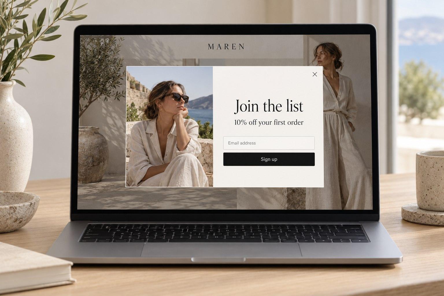 A laptop showing a store sign-up pop-up offering 10% off a first order