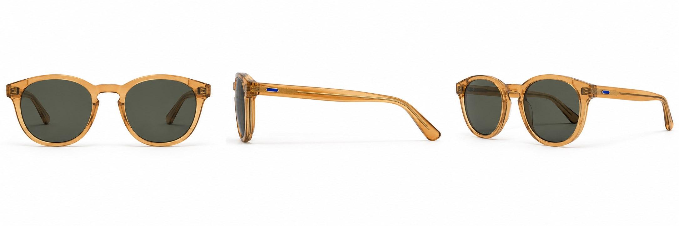 The same pair of honey sunglasses shown from the front, the side and at an angle