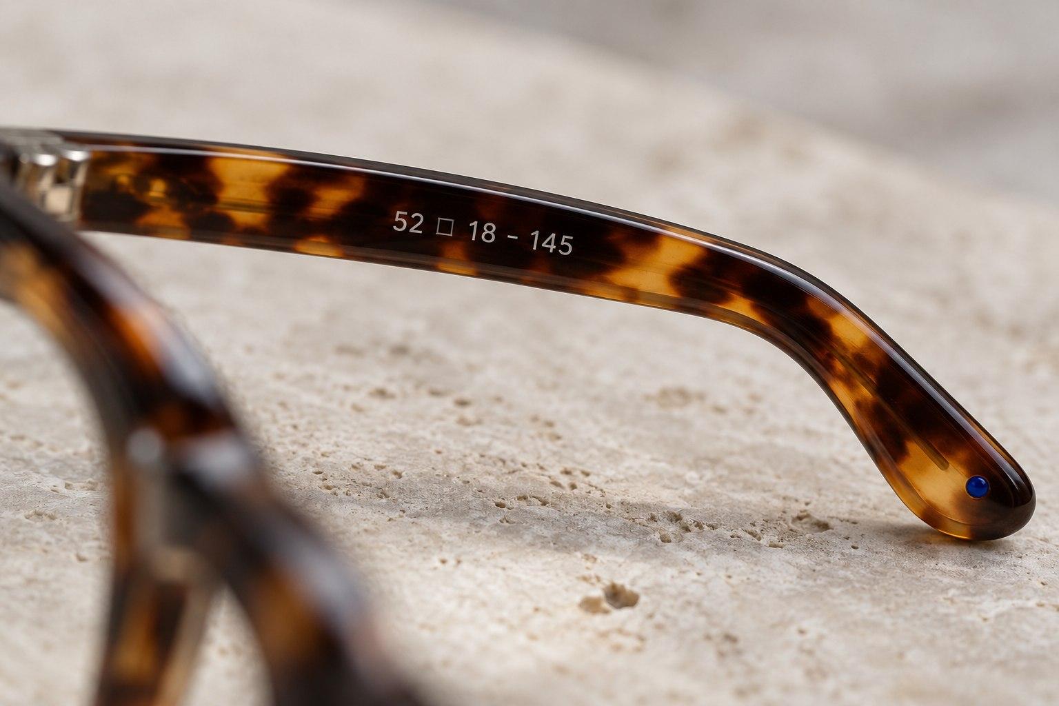 The inside of a tortoiseshell glasses arm printed with 52, 18 and 145