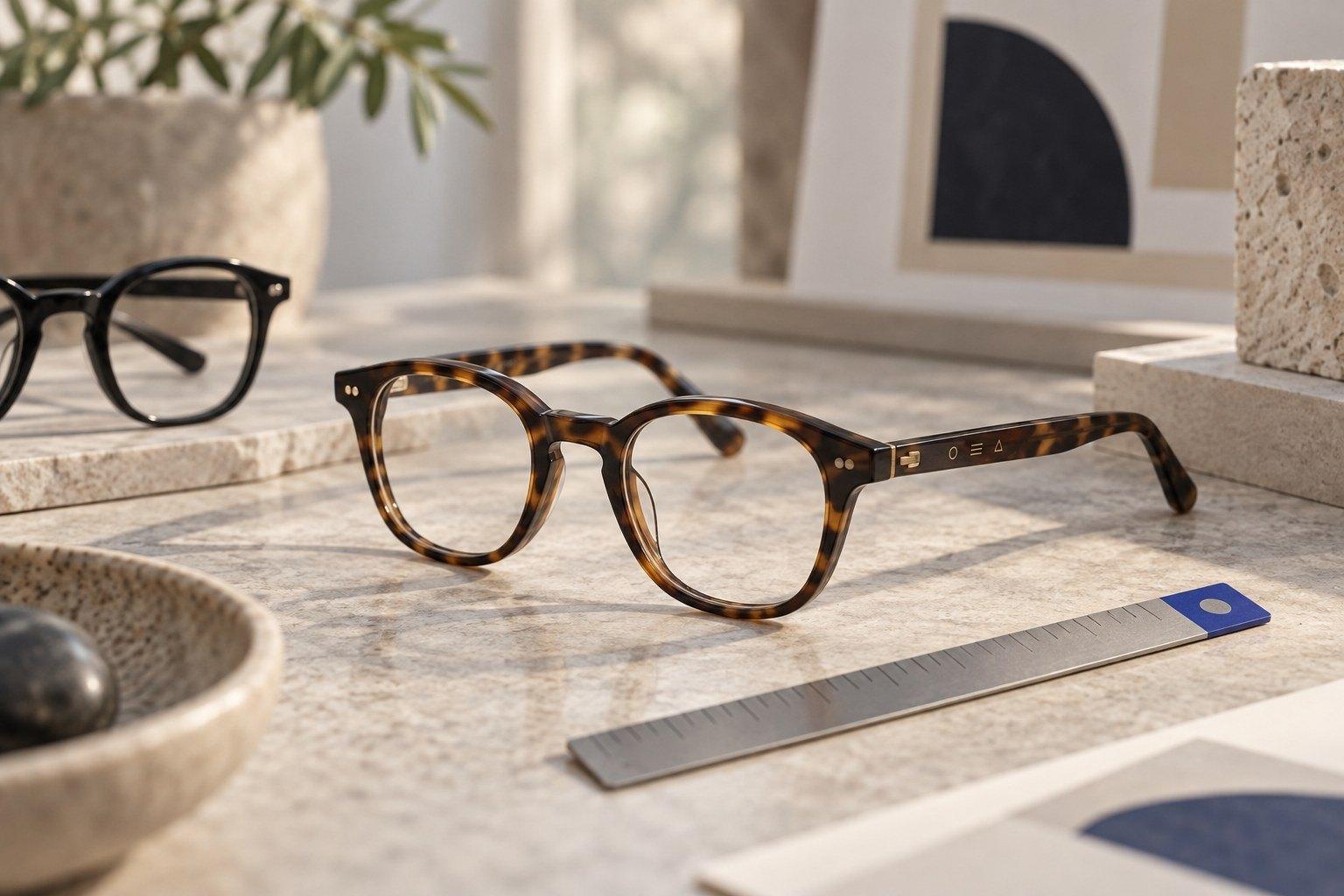 Two pairs of glasses beside a steel ruler on a stone table