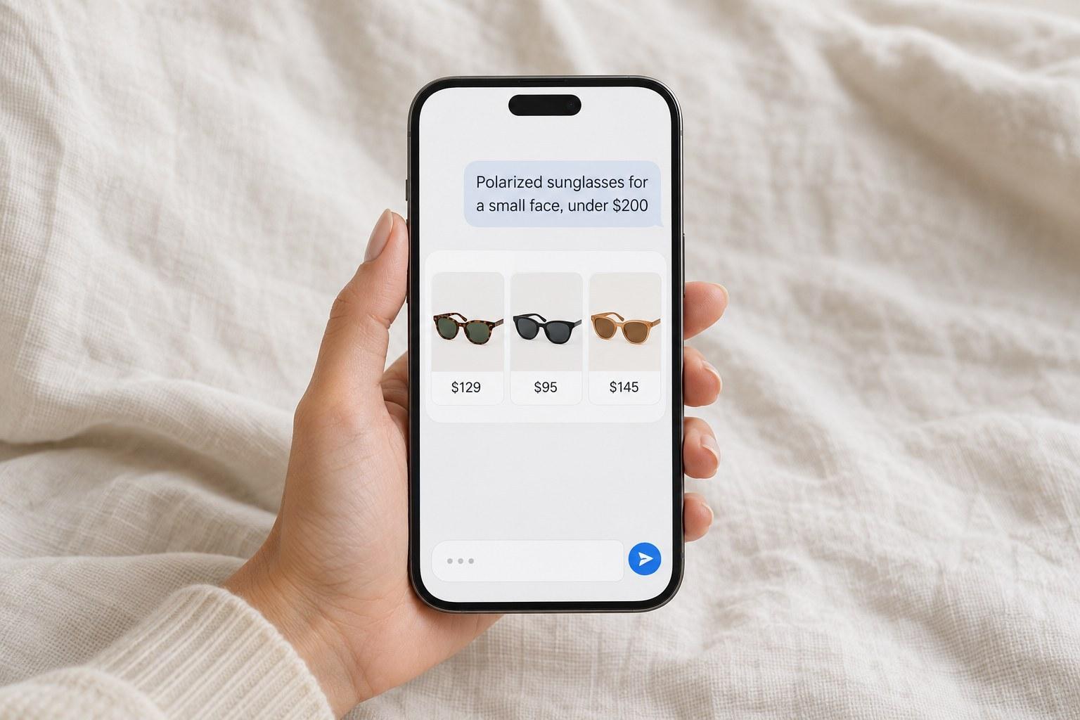 A phone showing an AI assistant recommending three pairs of sunglasses
