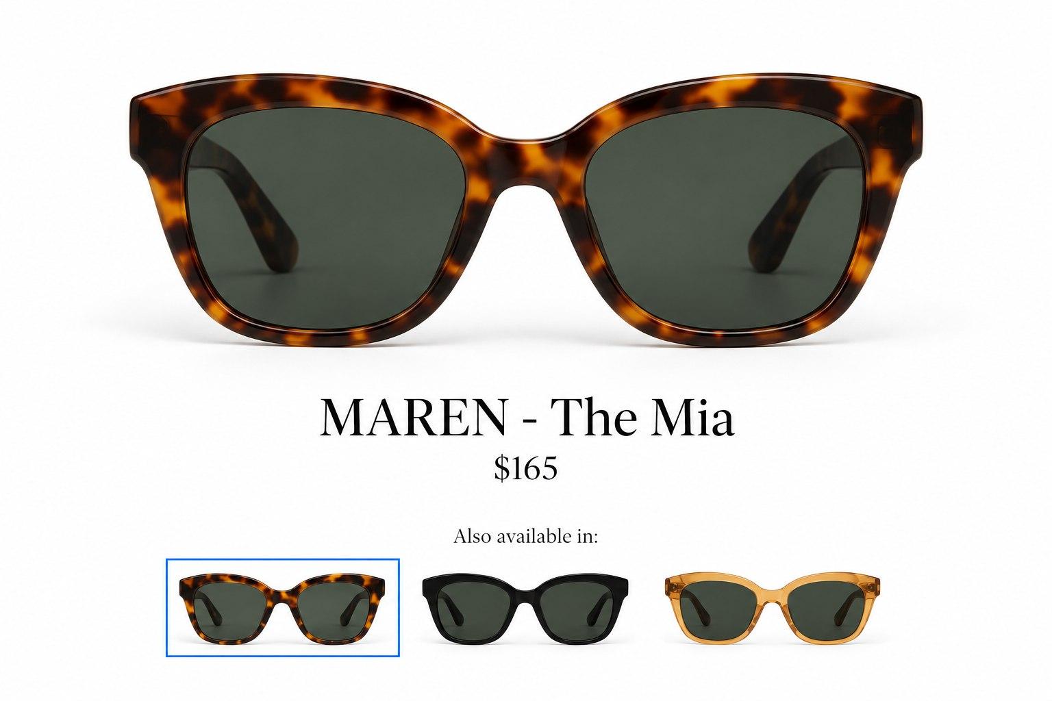 A product page for sunglasses with other colorways linked under Also available in