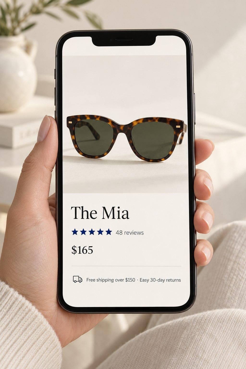 A phone showing a product page with reviews, price and a free shipping and returns line