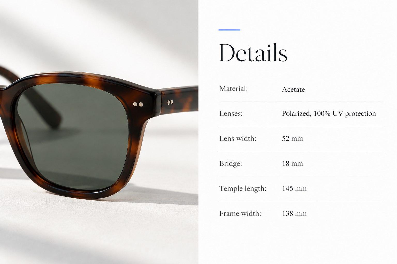 A product page section listing material, lens details and every frame measurement