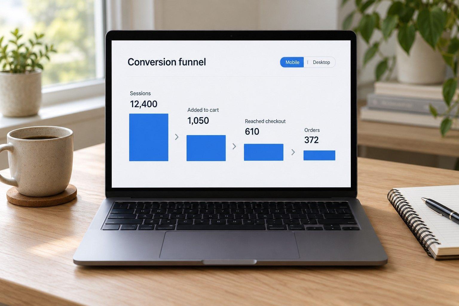 A laptop showing a simple store funnel: sessions, added to cart, reached checkout, orders