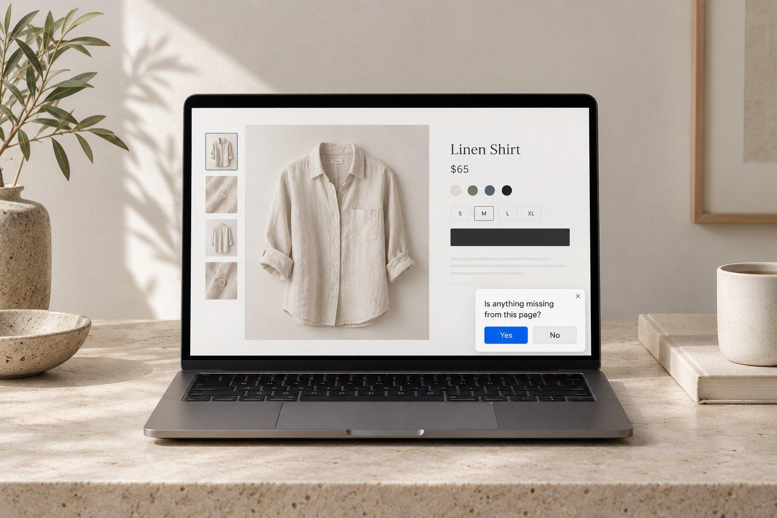 A laptop showing a product page with a small pop-up asking: Is anything missing from this page?