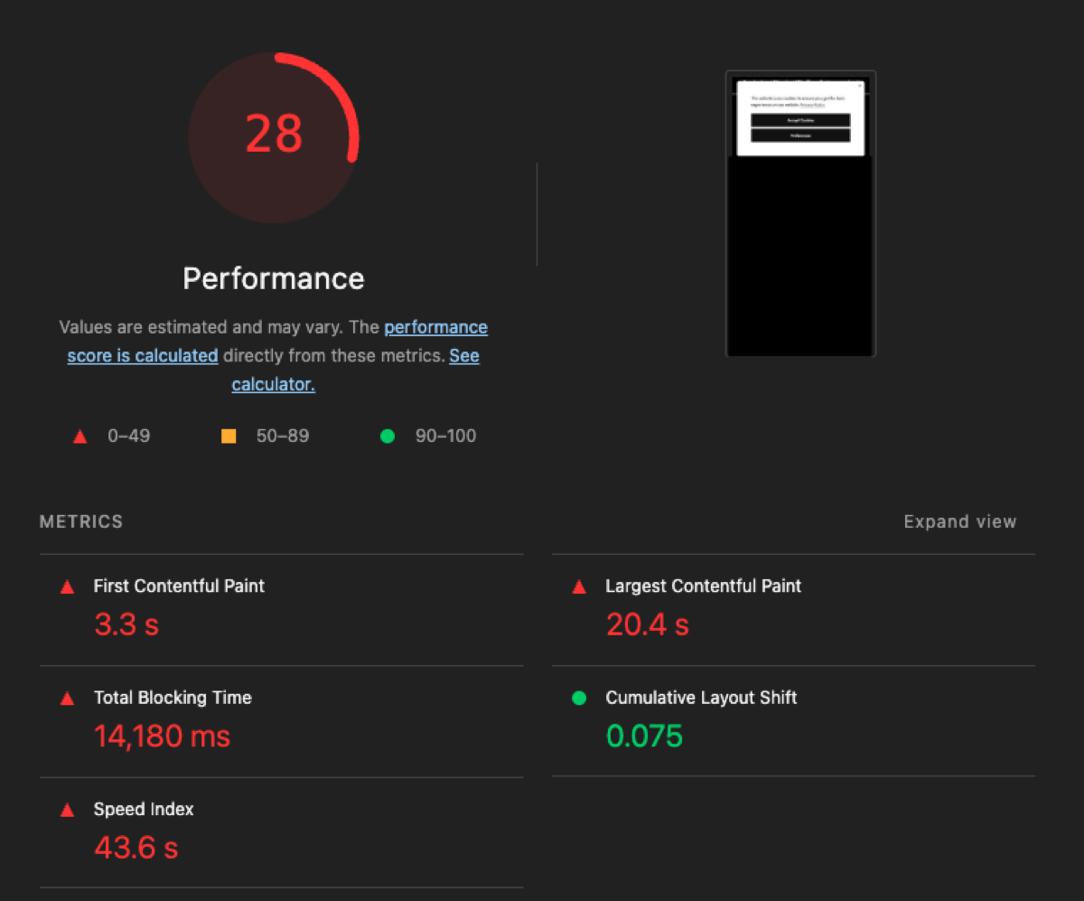 Mobile Lighthouse performance summary showing poor performance score and high blocking time