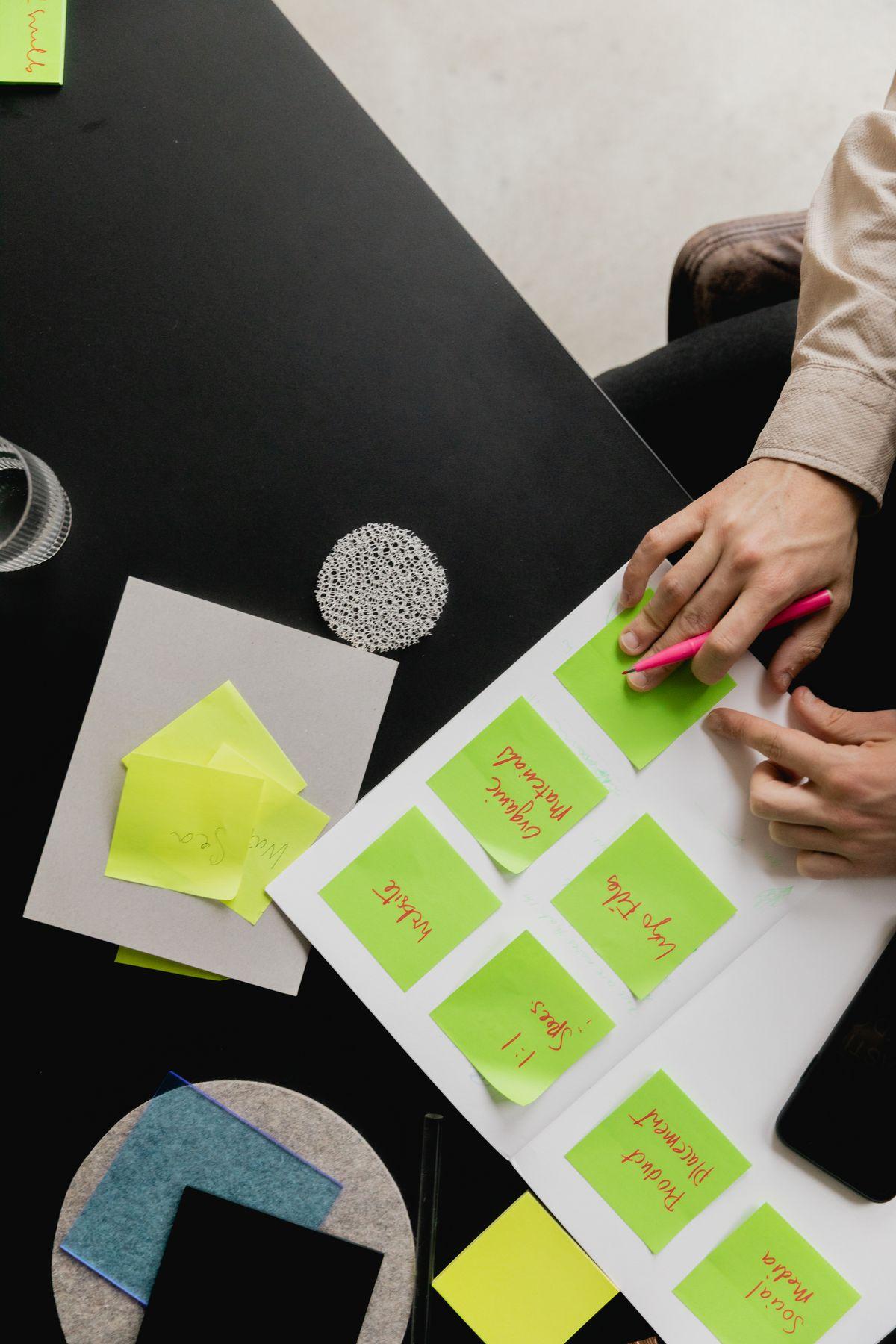 Green sticky notes laid out in a grid with a hand pointing