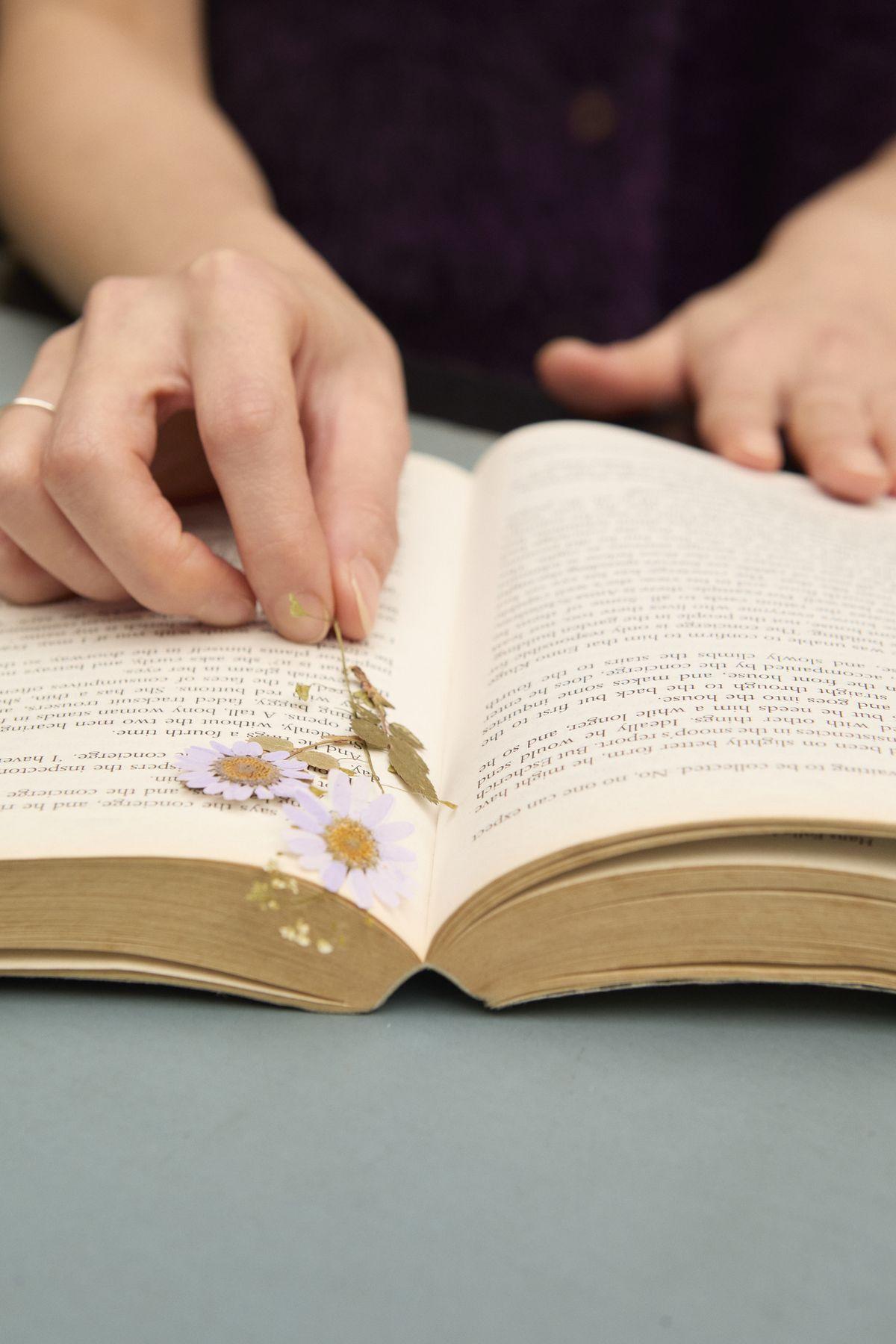 Hands resting on an open book with pressed flowers