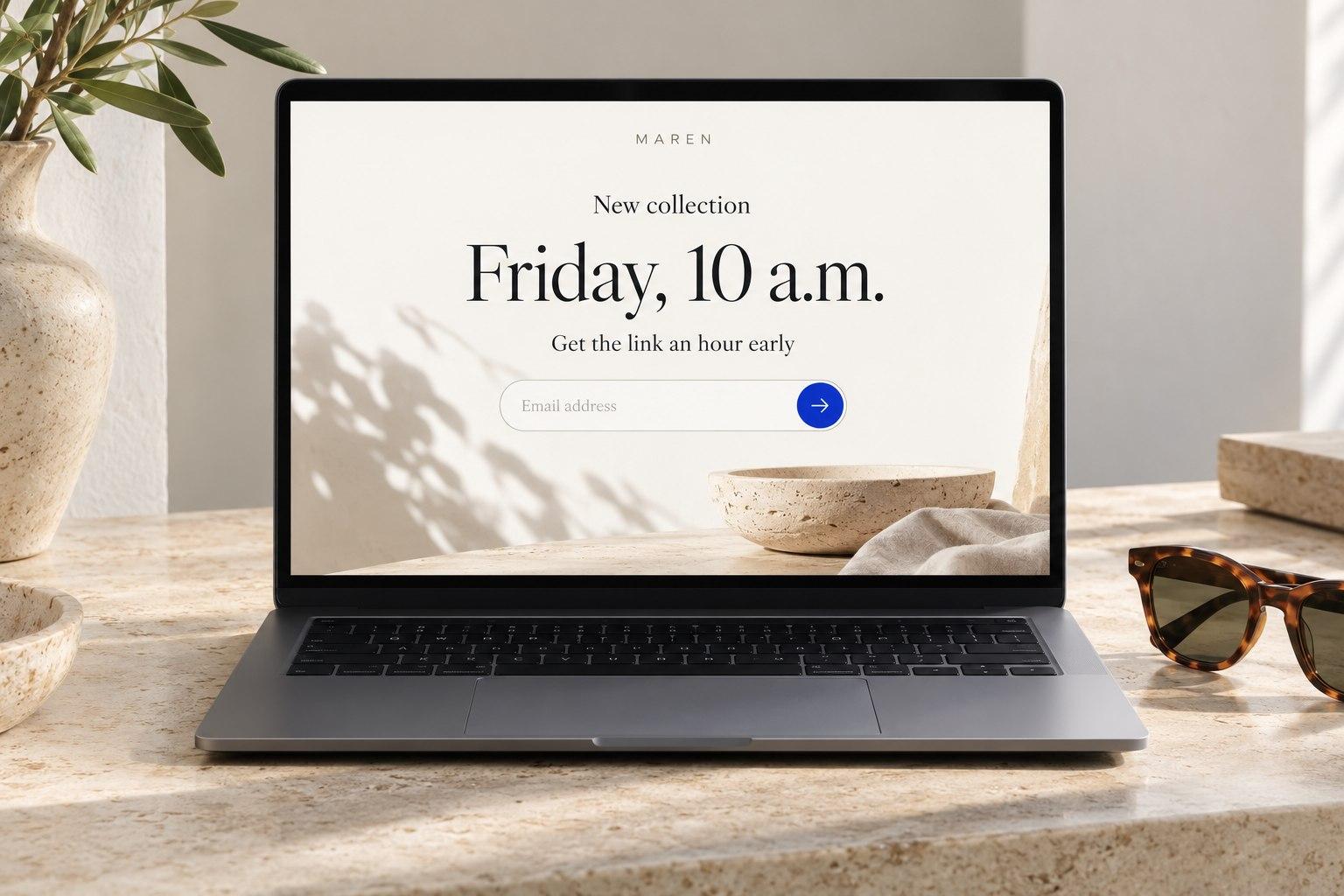A laptop showing a coming soon page: New collection, Friday, 10 a.m.